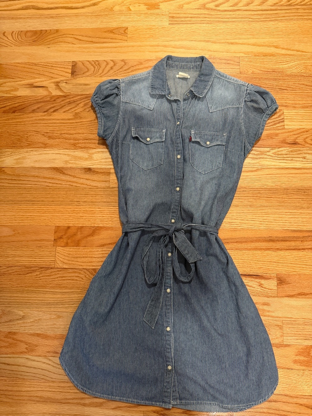 Levi’s Hickory Stripe Denim Shirt Dress S Pearl Snap Belted Western